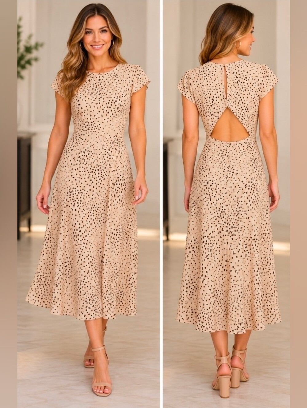 Olivaceous Cream Midi Dress with Black Dot Print